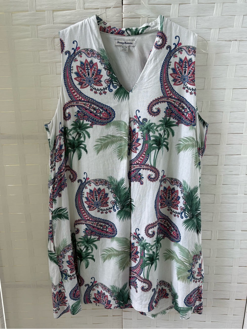 Tommy Bahama XL Dress Green Palms Pink Paisley V Neck Lined Pockets Cruise Beach